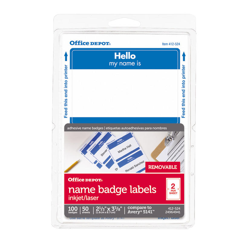 Office Depot Brand Hello Name Badge Labels, 2 11/32in x 3 3/8in, Blue Border, Pack Of 100 (Min Order Qty 36) MPN:OD98838