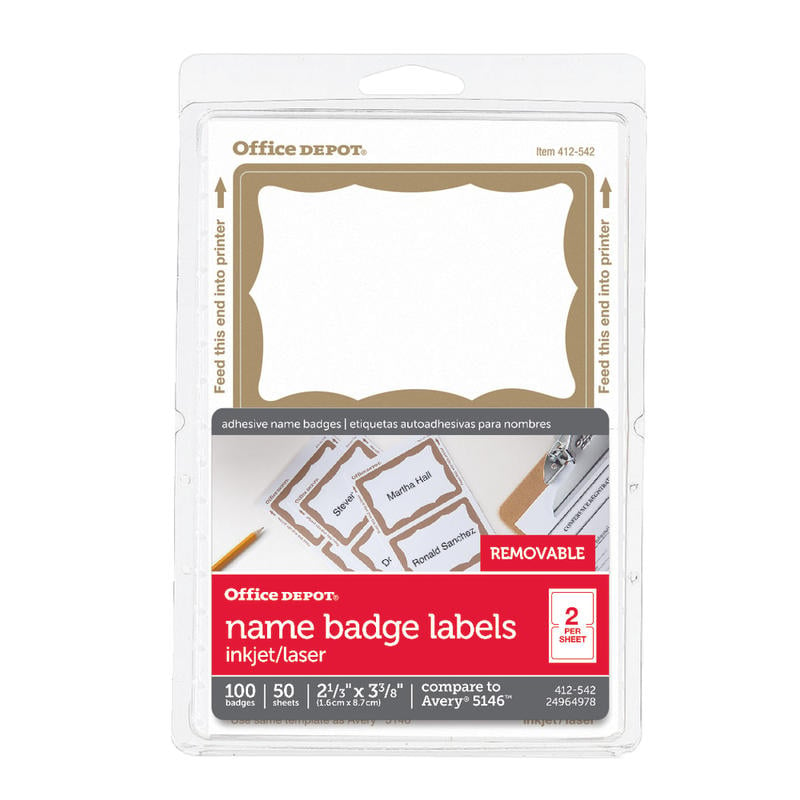 Office Depot Brand Name Badge Labels, 2 11/32in x 3 3/8in, Gold Border, Pack Of 100 (Min Order Qty 36) MPN:OD98839