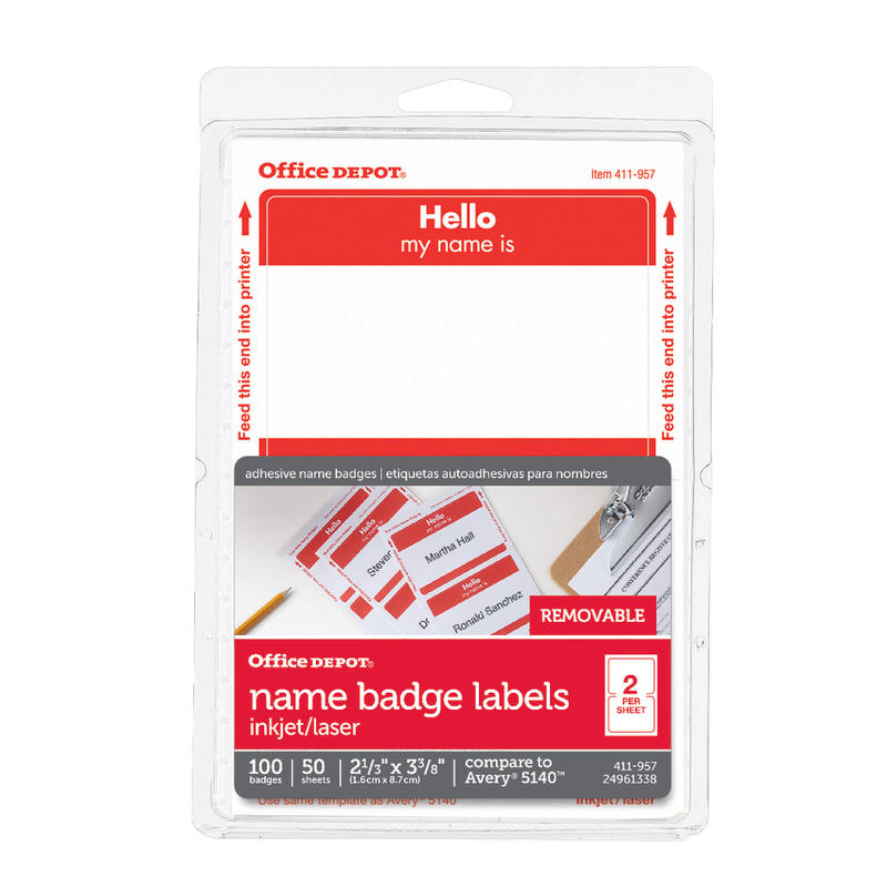 Office Depot Brand Hello Name Badge Labels, 2 11/32in x 3 3/8in, Red Border, Pack Of 100 (Min Order Qty 36) MPN:OD98840