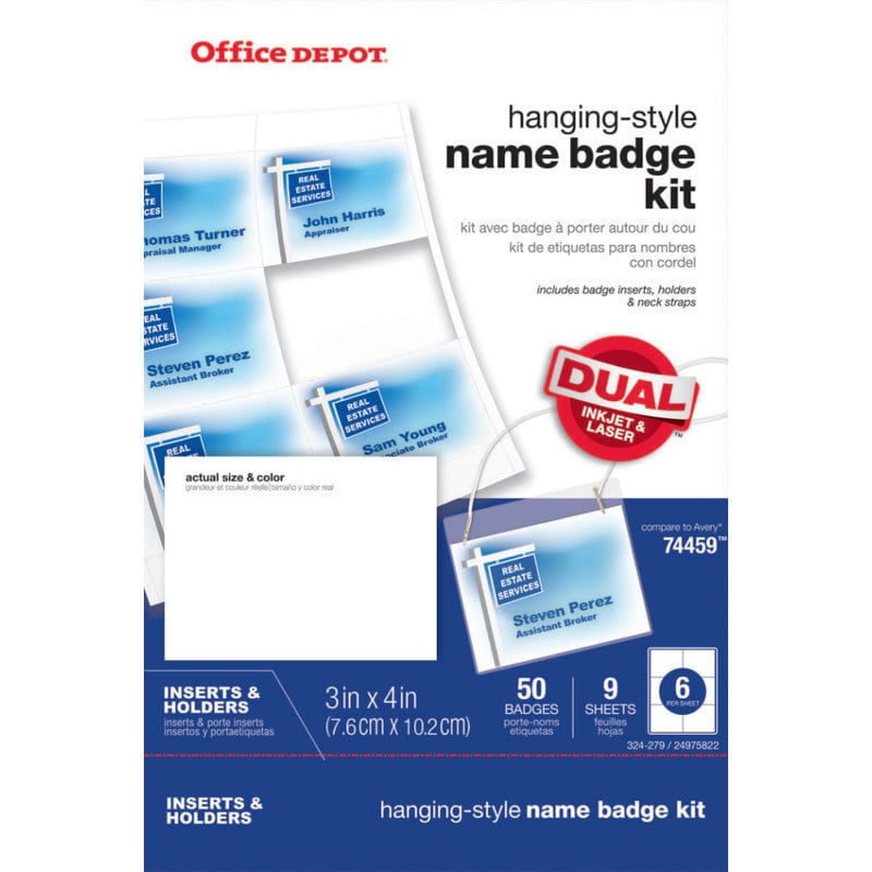 Office Depot Brand Name Badge Kit, Hanging-Style, Convention Size,  3in x 4in, Pack Of 50 (Min Order Qty 8) MPN:OD98841