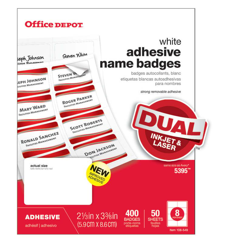 Office Depot Brand Adhesive Name Badges, 2-1/3in x 3-3/8in, White, Pack Of 400 (Min Order Qty 14) MPN:OD98844