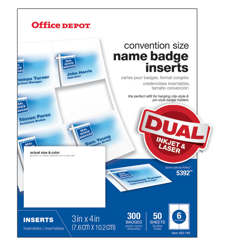 Office Depot Brand Badge Inserts, Convention Size, 3in x 4in, White, Pack Of 300 (Min Order Qty 14) MPN:OD98845