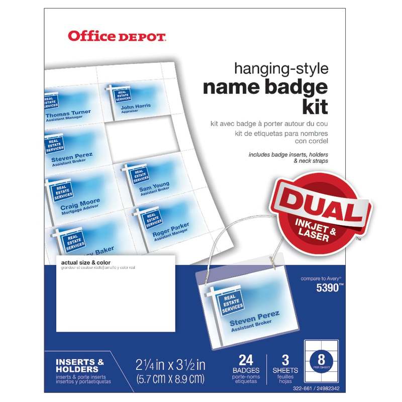 Office Depot Brand Name Badge Kit, Hanging-Style, Convention Size,  2-1/4in x 3-1/2in, Pack Of 24 (Min Order Qty 6) MPN:OD98848