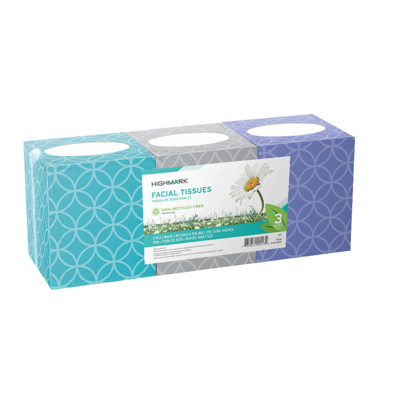 Highmark ECO 2-Ply Facial Tissue, 100% Recycled, White, 85 Tissues Per Box, Pack Of 3 Boxes (Min Order Qty 12) MPN:OD4089A1