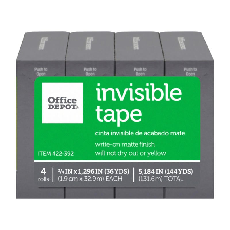 Office Depot Brand Invisible Tape, 3/4in x 1296in, Clear, Pack of 4 rolls (Min Order Qty 21) MPN:44411-OD