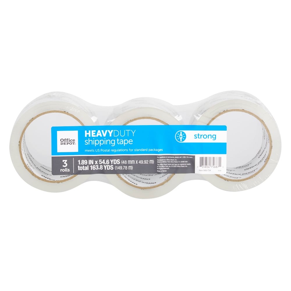 Office Depot Brand Heavy Duty Shipping Packing Tape,  1.89in x 54.6 Yd., Crystal Clear, Pack Of 3 Rolls (Min Order Qty 11) MPN:39945-OD