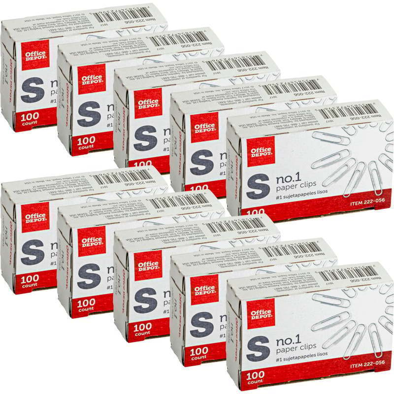 Office Depot Brand Paper Clips, No. 1, Small, Silver, Pack Of 10 Boxes, 100 Per Box, 1,000 Total (Min Order Qty 20) MPN:10001