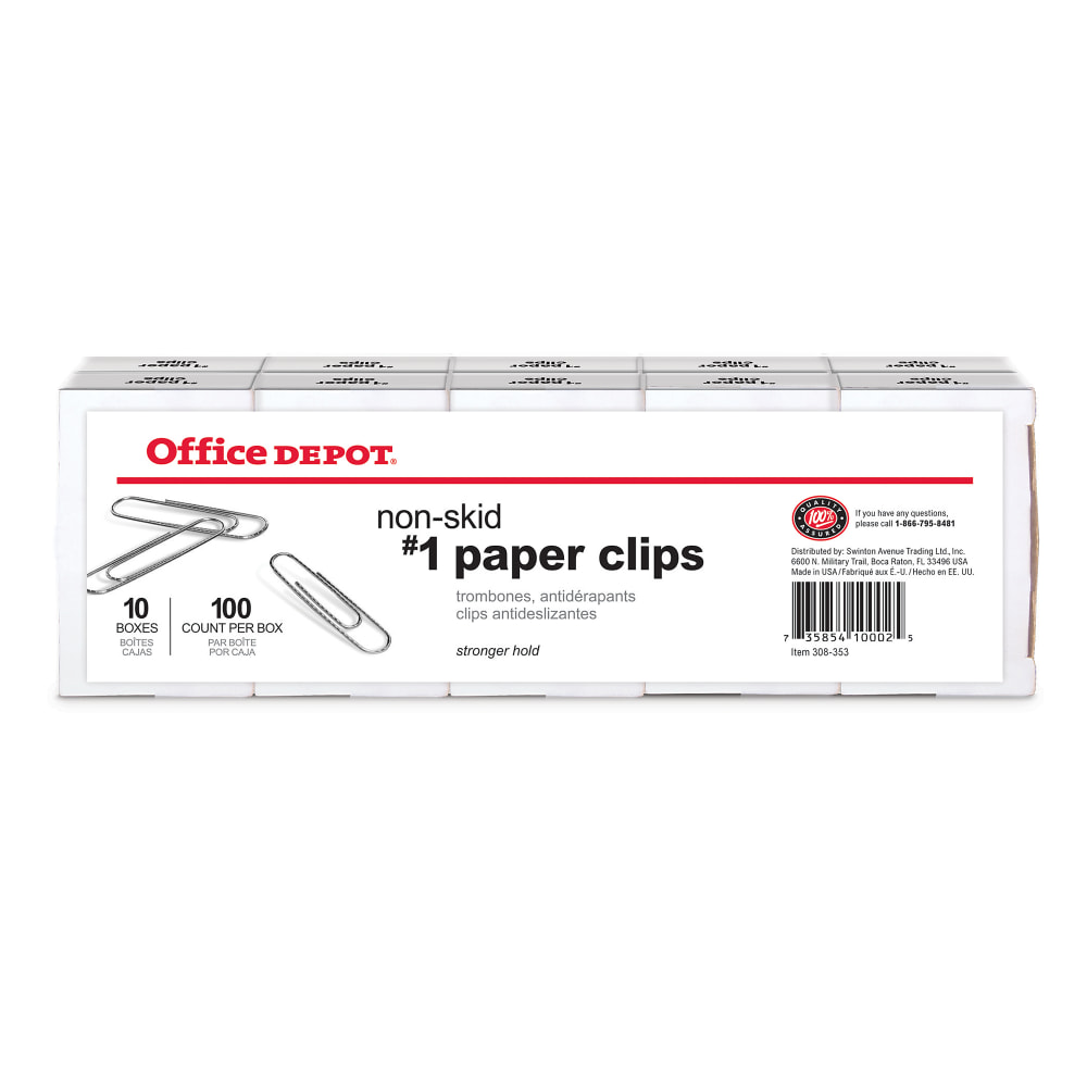 Office Depot Brand Non-Skid Paper Clips, No. 1, Small, Silver, Pack Of 10 Boxes, 100 Per Box, 1000 Total (Min Order Qty 20) MPN:10002