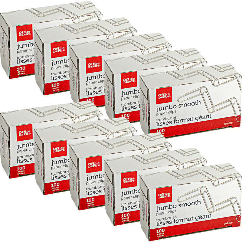 Office Depot Brand Paper Clips, Jumbo, Silver, Pack Of 10 Boxes, 100 Clips Per Box, 1,000 Total (Min Order Qty 9) MPN:10004