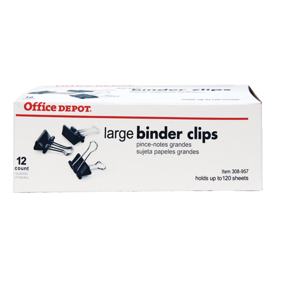 Office Depot Brand Binder Clips, Large, 2in Wide, 1in Capacity, Black, Box Of 12 (Min Order Qty 38) MPN:RTP-001958-HD-087-07