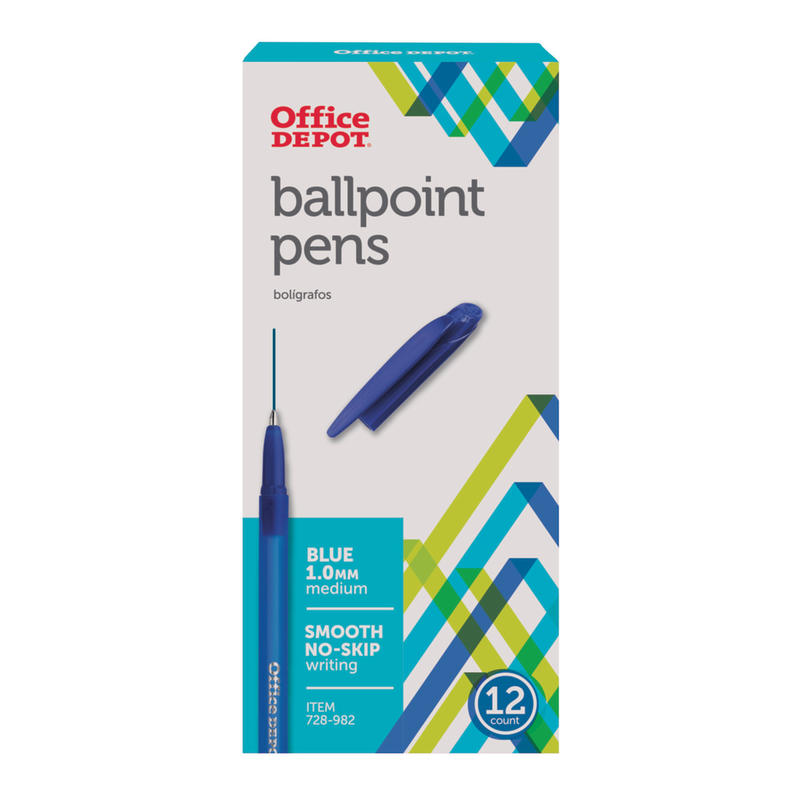 Office Depot Brand Ballpoint Stick Pens, Medium Point, 1.0 mm, Blue Barrel, Blue Ink, Pack Of 12 (Min Order Qty 52) MPN:1303