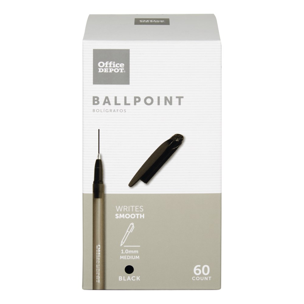 Office Depot Brand Ballpoint Stick Pens, Medium Point, 1.0 mm, Black Barrel, Black Ink, Pack Of 60 Pens (Min Order Qty 10) MPN:1324