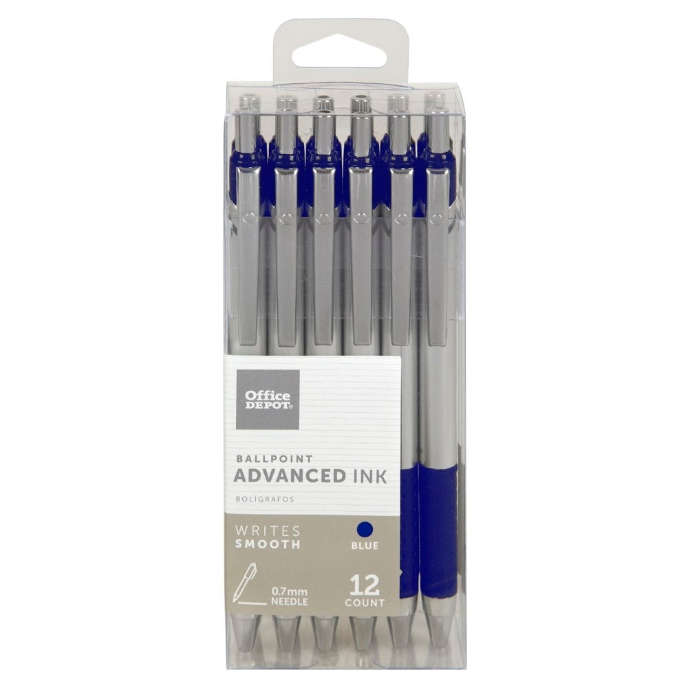 Office Depot Brand Advanced Ink Retractable Ballpoint Pens, Needle Point, 0.7 mm, Silver Barrel, Blue Ink, Pack Of 12 (Min Order Qty 15) MPN:20124