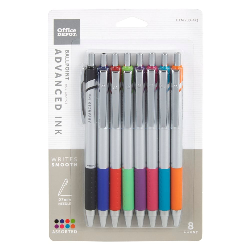 Office Depot Brand Advanced Ink Retractable Ballpoint Pens, Needle Point, 0.7 mm, Assorted Barrels, Assorted Ink Colors, Pack Of 8 (Min Order Qty 21) MPN:20142