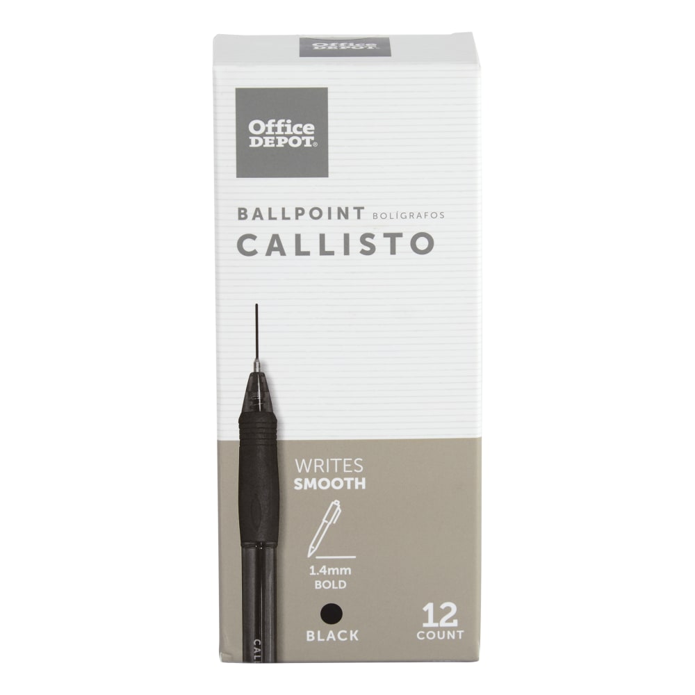 Office Depot Brand Callisto Soft-Grip Retractable Ballpoint Pens, Bold Point, 1.4 mm, Clear Barrel, Black Ink, Pack Of 12 (Min Order Qty 23) MPN:2700114