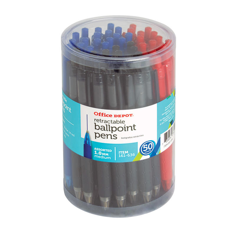 Office Depot Brand Retractable Ballpoint Pens With Grips, Medium Point, 1.0 mm, Black/Blue/Red Barrels, Black/Blue/Red Inks, Pack Of 50 Pens (Min Order Qty 7) MPN:AH190