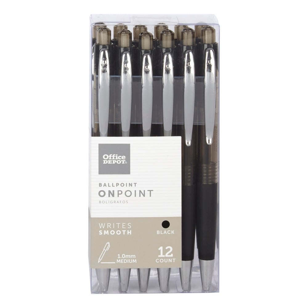 Office Depot Brand Soft-Grip Retractable Ballpoint Pens, Medium Point, 1.0 mm, Black Barrel, Black Ink, Pack Of 12 (Min Order Qty 22) MPN:AH505-12-B