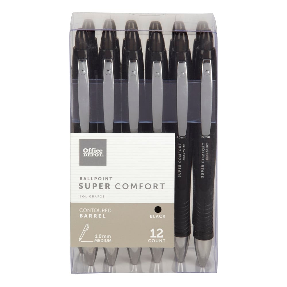 Office Depot Brand Super Comfort Grip Retractable Ballpoint Pens, Medium Point, 1.0 mm, Black Barrel, Black Ink, Pack Of 12 (Min Order Qty 14) MPN:AH534-12-B