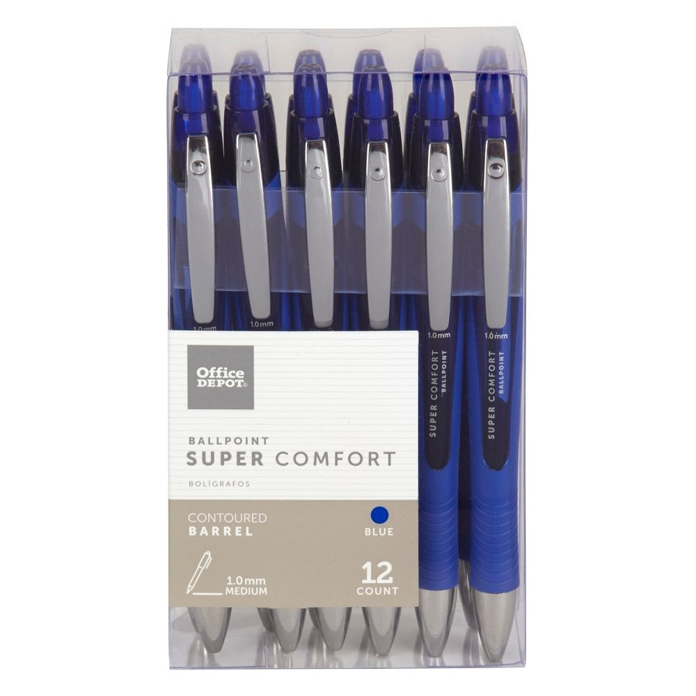 Office Depot Brand Super Comfort Grip Retractable Ballpoint Pen, Medium Point, 1.0 mm, Blue Barrel, Blue Ink, Pack Of 12 (Min Order Qty 14) MPN:AH534-12-BL