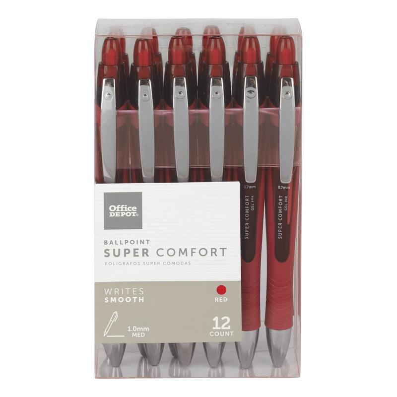 Office Depot Brand Super Comfort Grip Retractable Ballpoint Pens, Medium Point, 1.0 mm, Red Barrels, Red Ink, Pack Of 12 (Min Order Qty 13) MPN:AH534-12-R