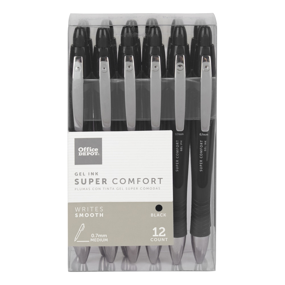 Office Depot Brand Super Comfort Grip Retractable Gel Pens, Medium Point, 0.7 mm, Black Barrel, Black Ink, Pack Of 12 (Min Order Qty 9) MPN:AH834-12-B