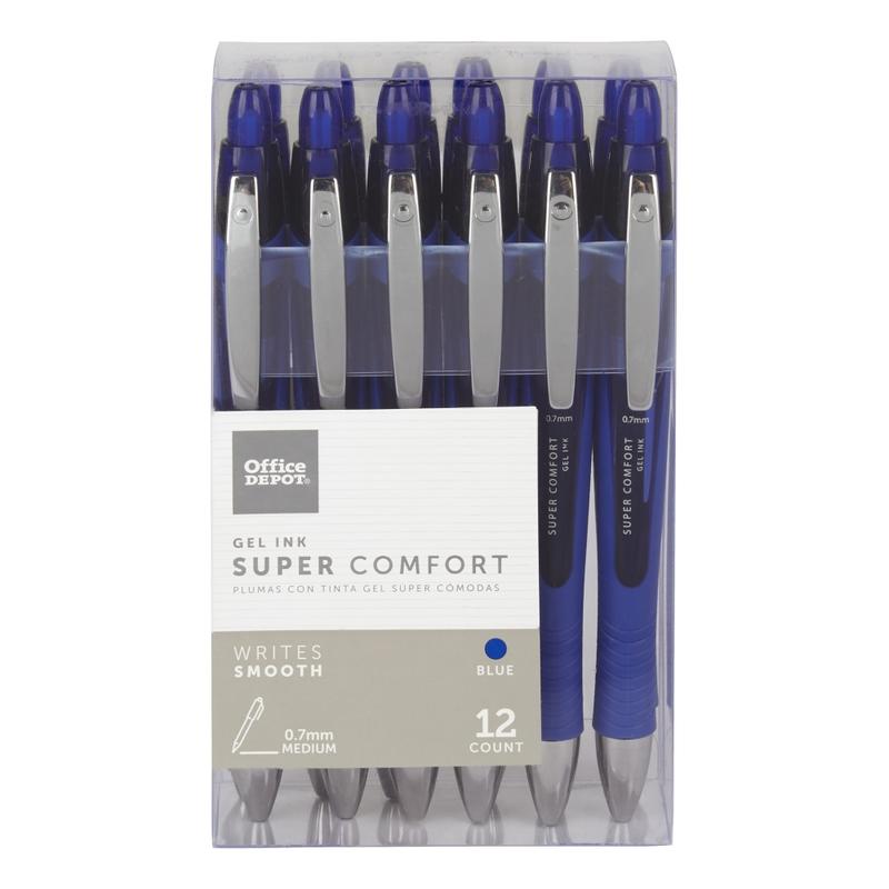 Office Depot Brand Super Comfort Grip Retractable Gel Pens, Medium Point, 0.7 mm, Blue Barrel, Blue Ink, Pack Of 12 (Min Order Qty 9) MPN:AH834-12-BL