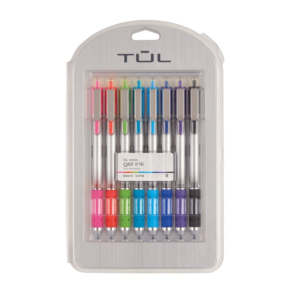 TUL GL Series Retractable Gel Pens, Fine Point, 0.5 mm, Silver Barrel, Assorted Bright Inks, Pack Of 8 Pens (Min Order Qty 8) MPN:BG05P8