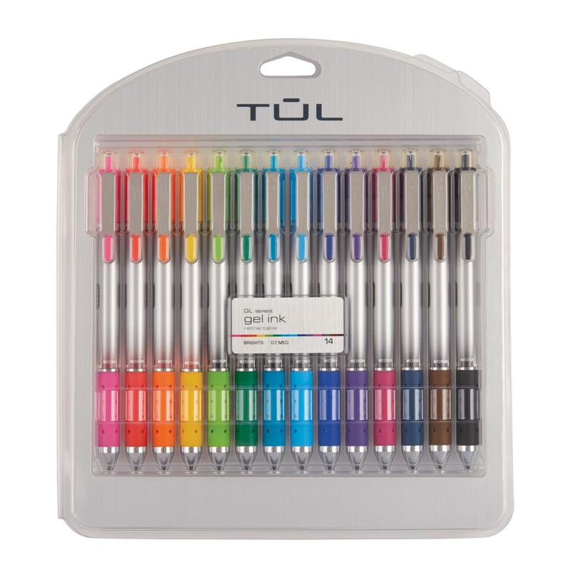 TUL GL Series Retractable Gel Pens, Medium Point, 0.7 mm, Silver Barrel, Assorted Standard & Bright Ink Colors, Pack Of 14 Pens (Min Order Qty 5) MPN:BG07P14