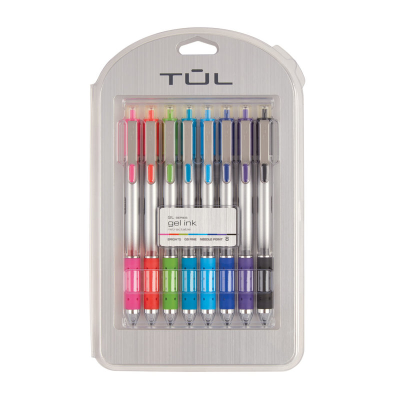 TUL GL Series Retractable Gel Pens, Needle Point, 0.5 mm, Silver Barrel, Assorted Bright Inks, Pack Of 8 Pens (Min Order Qty 8) MPN:BGNP05P8