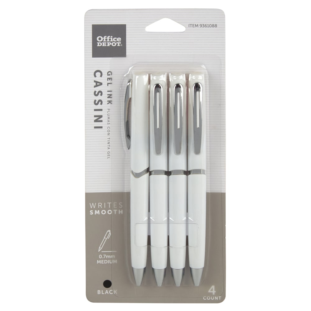 Office Depot Brand Cassini Side-Click Gel Pens, Medium Point, 0.7 mm, White Barrel, Black Ink, Pack Of 4 Pens (Min Order Qty 12) MPN:GP1820-4WT