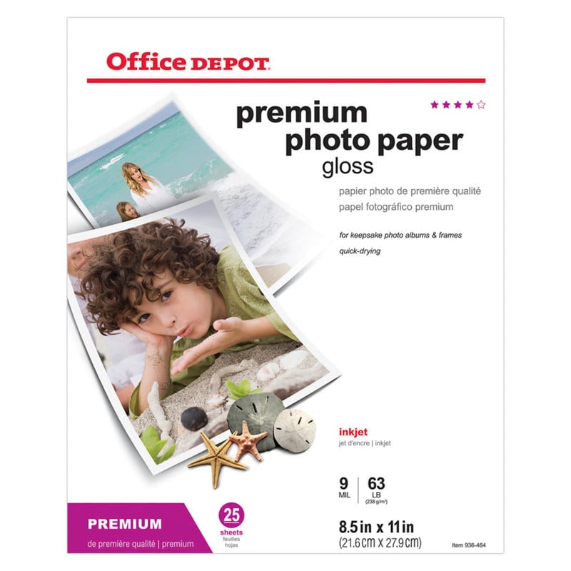 Office Depot Brand Premium Photo Paper, Glossy, Letter Size, White, Pack Of 25 Sheets (Min Order Qty 6) MPN:122173