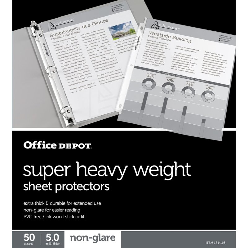 Office Depot Brand Super Heavyweight Sheet Protectors, 8-1/2in x 11in, Non-Glare, Pack Of 50 (Min Order Qty 17) MPN:181116