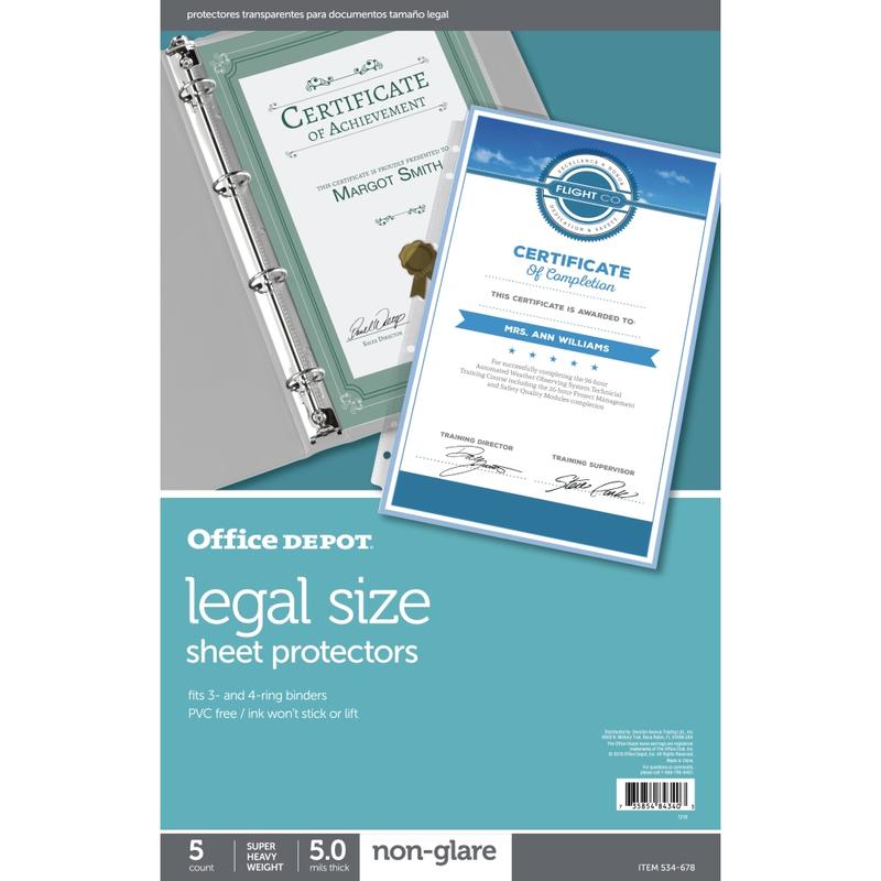 Office Depot Brand Legal Size Sheet Protectors, 8-1/2in x 14in, Non-Glare, Box Of 5 (Min Order Qty 77) MPN:534678