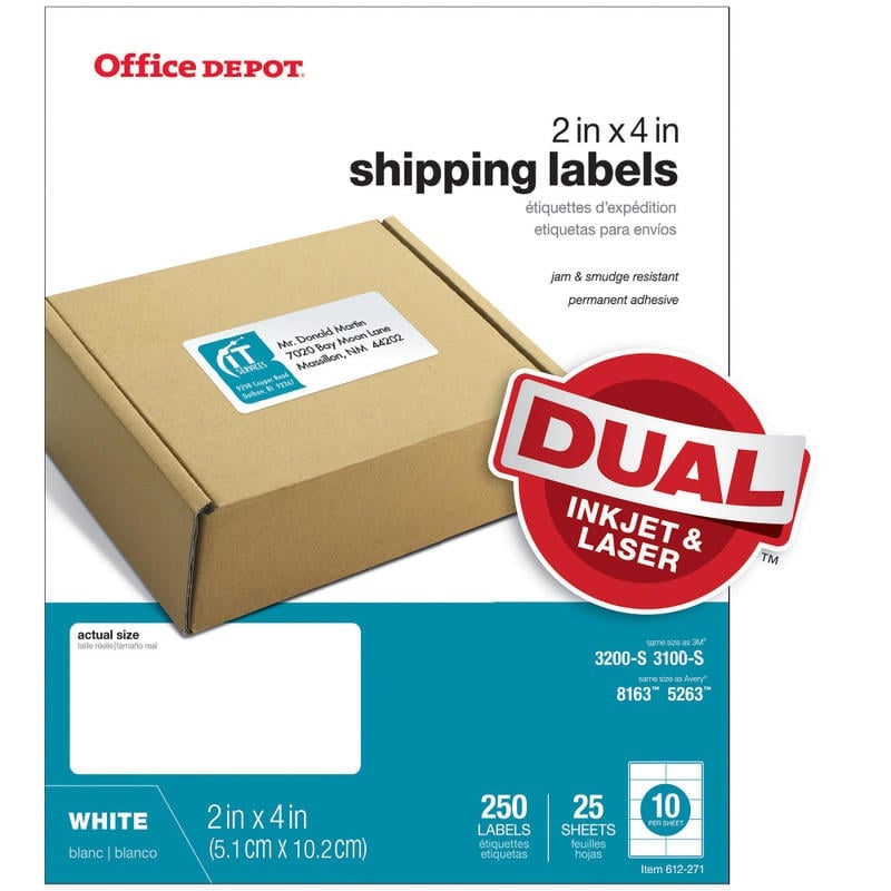 Office Depot Brand Inkjet/Laser Shipping Labels, Rectangle, 2in x 4in, White, Pack Of 250 (Min Order Qty 31) MPN:505-O004-0007