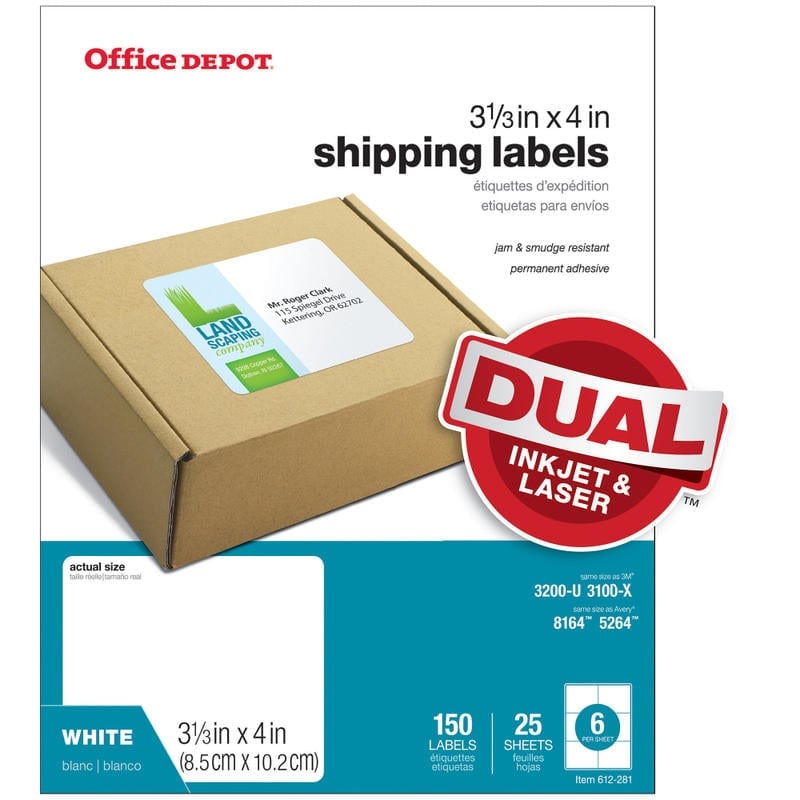 Office Depot Brand Inkjet/Laser Shipping Labels, Rectangle, 3 1/3in x 4in, White, Pack Of 150 (Min Order Qty 31) MPN:505-O004-0009