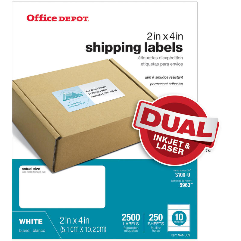 Office Depot Brand Inkjet/Laser Shipping Labels, Rectangle, 2in x 4in, White, Pack Of 2500 (Min Order Qty 5) MPN:505-O004-0020