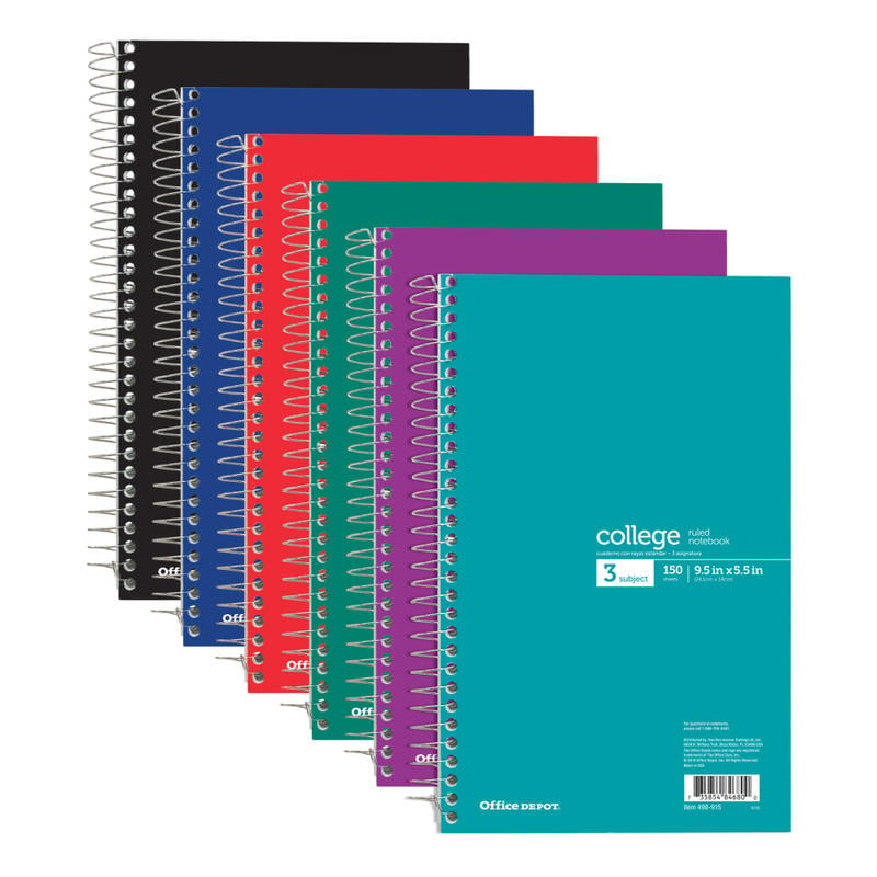 Office Depot Brand Wirebound Notebook, Perforated, 6in x 9 1/2in, 3 Subjects, College Ruled, 150 Sheets, Assorted Colors (No Color Choice) (Min Order Qty 45) MPN:06900-06681