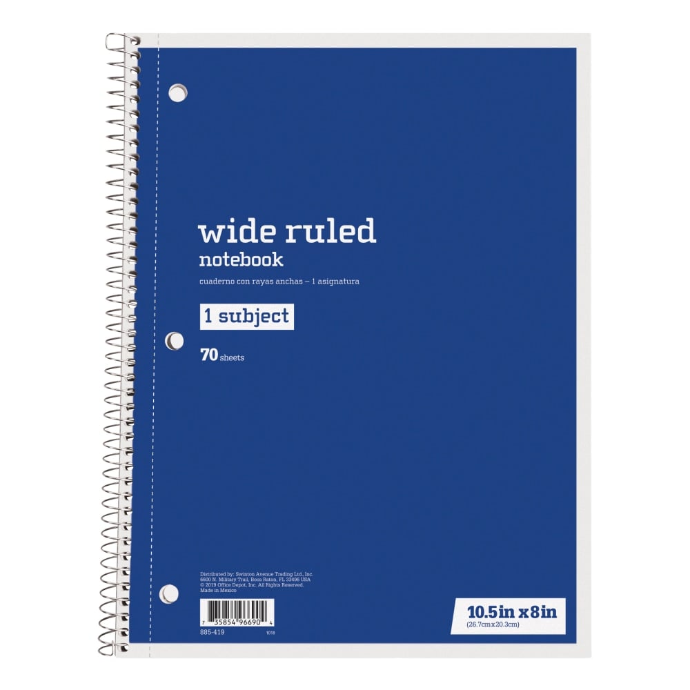 Just Basics Spiral Notebook, 8in x 10-1/2in, Wide Ruled, 70 Sheets, Blue (Min Order Qty 62) MPN:43172-12