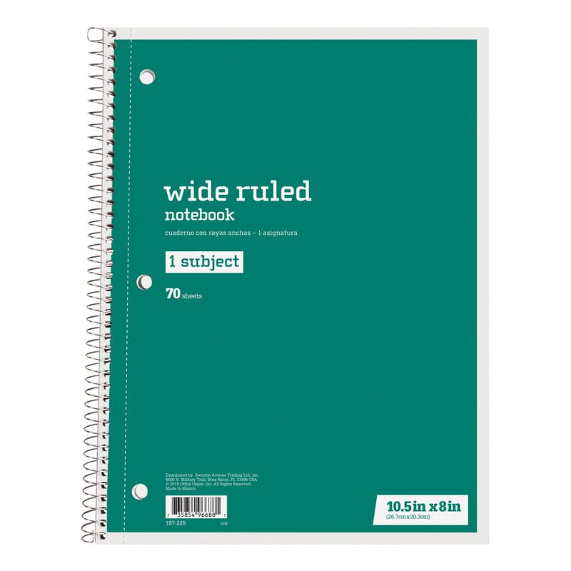 Just Basics Spiral Notebook, 8in x 10-1/2in, Wide Ruled, 70 Sheets, Green (Min Order Qty 65) MPN:43173-12