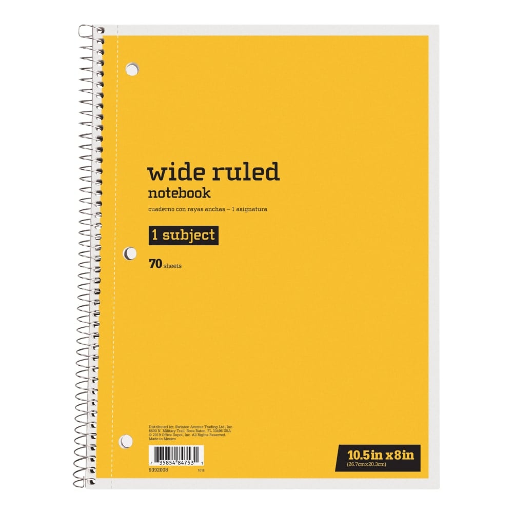 Just Basics Spiral Notebook, 8in x 10-1/2in, Wide Ruled, 70 Sheets, Yellow (Min Order Qty 65) MPN:43175-12