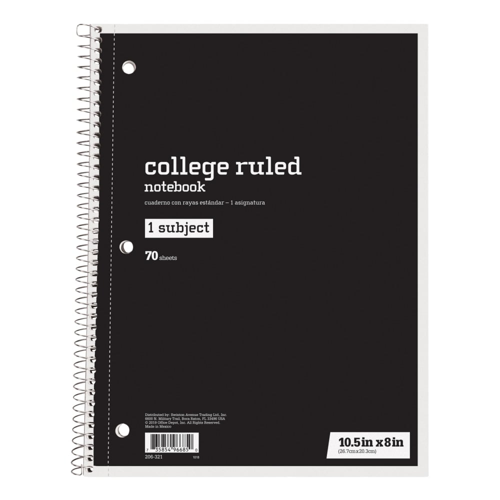 Just Basics Spiral Notebook, 8in x 10-1/2in, College Ruled, 70 Sheets, Black (Min Order Qty 65) MPN:43271-12