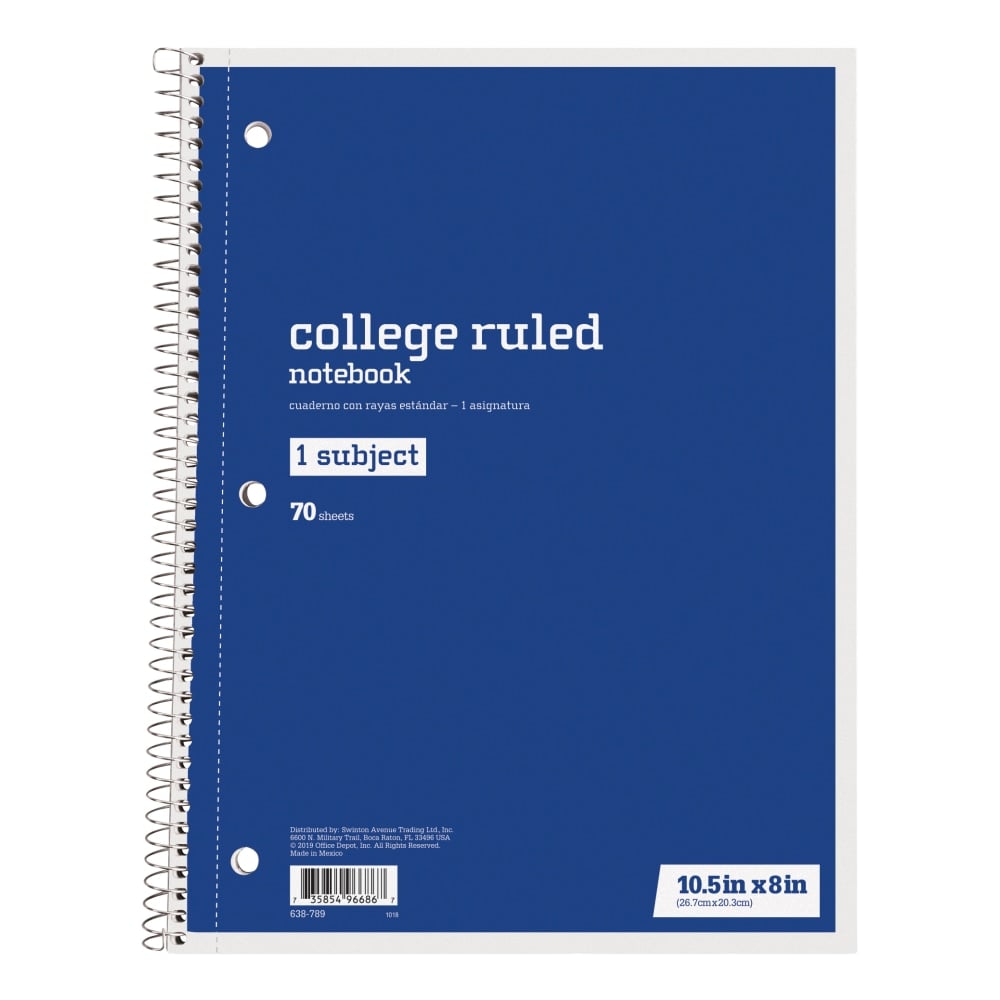 Just Basics Spiral Notebook, 8in x 10-1/2in, College Ruled, 70 Sheets, Blue (Min Order Qty 62) MPN:43272-12