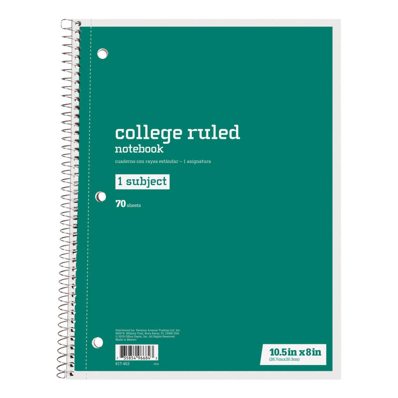 Just Basics Spiral Notebook, 8in x 10-1/2in, College Ruled, 70 Sheets, Green (Min Order Qty 62) MPN:43273-12