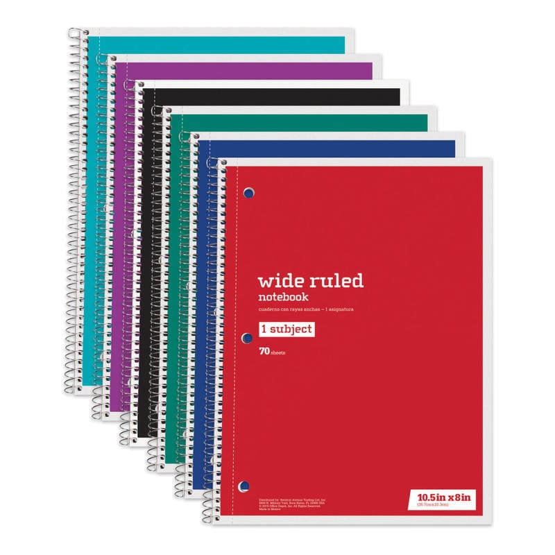 Just Basics Wirebound Notebook, 8in x 10-1/2in, Wide Ruled, 70 Sheets, Assorted Colors, Pack Of 6 (Min Order Qty 13) MPN:80036