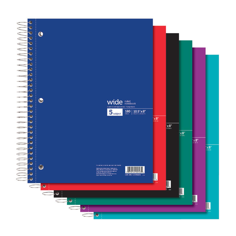 Office Depot Brand Wirebound Notebook,  8in x 10-1/2in, 5 Subjects, Wide Ruled, 180 Sheets, Assorted Colors (No Color Choice) (Min Order Qty 26) MPN:99565OD