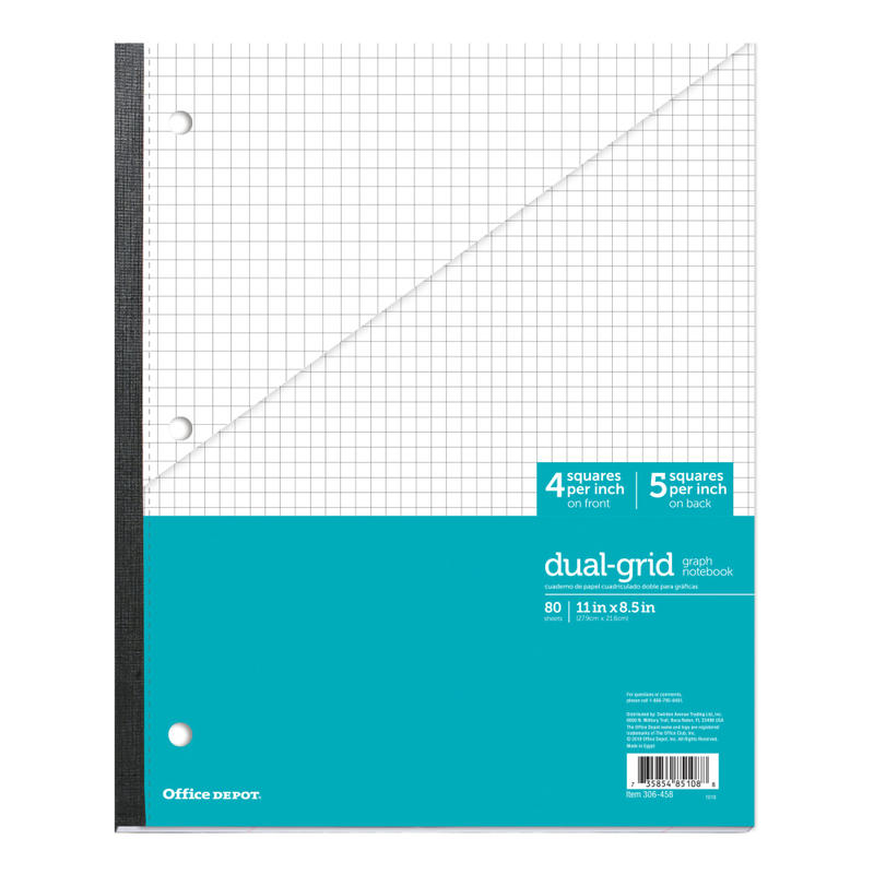 Office Depot Brand Wireless Notebook, 8-1/2in x 11in, 1 Subject, Dual-Sized Quadrille Ruled (4in x 4in, 5in x 5in), 80 Sheets, Teal/White (Min Order Qty 53) MPN:CJV2012