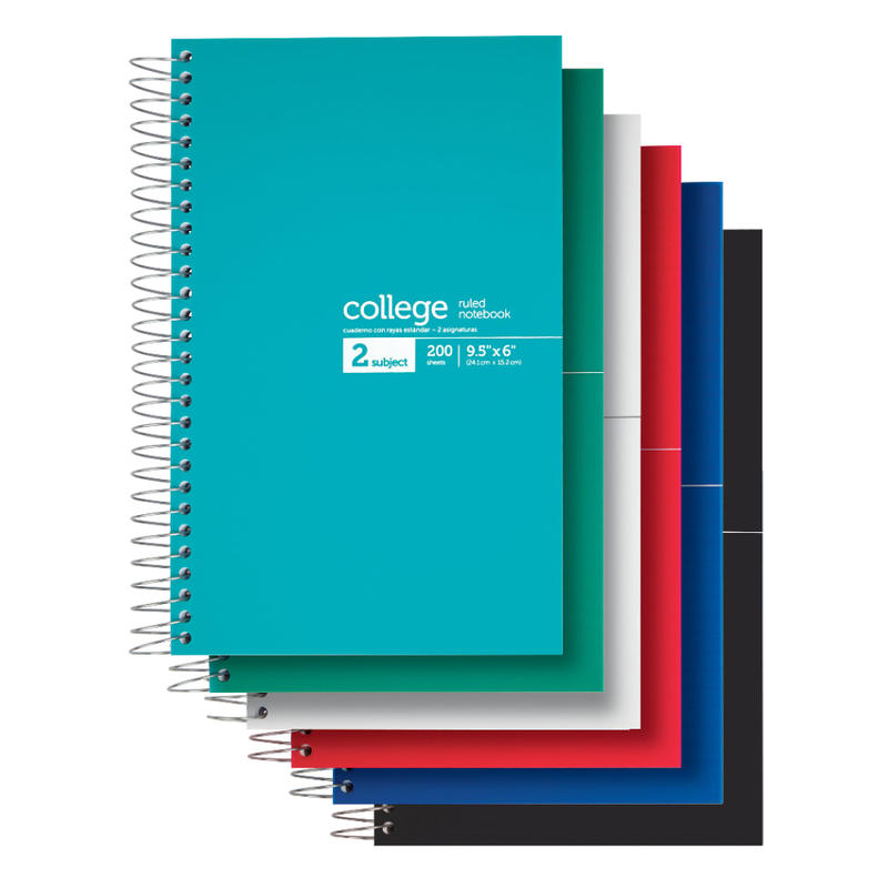 Office Depot Brand Notebook, 9 1/2in x 6in, 2 Subjects, College Ruled, 400 Pages (200 Sheets), Assorted Colors (Min Order Qty 16) MPN:HPS-6840136