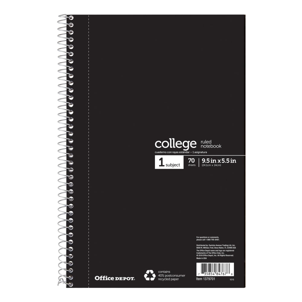 Office Depot Brand Notebook, 6in x 9 1/2in, 70 Sheets, College Ruled, Black (Min Order Qty 21) MPN:OD97625