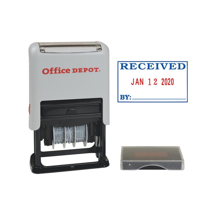 Office Depot Brand Received Date Stamp Dater, Self-Inking With Extra Pad, 1in x 1-3/4in Impression, Red And Black Ink (Min Order Qty 7) MPN:098330