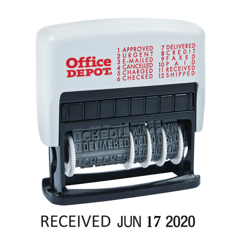 Office Depot Brand Self-Inking 12-in-1 Micro Message Stamp Dater, 1-1/16in x 5/32 Impression, Black Ink (Min Order Qty 7) MPN:098332